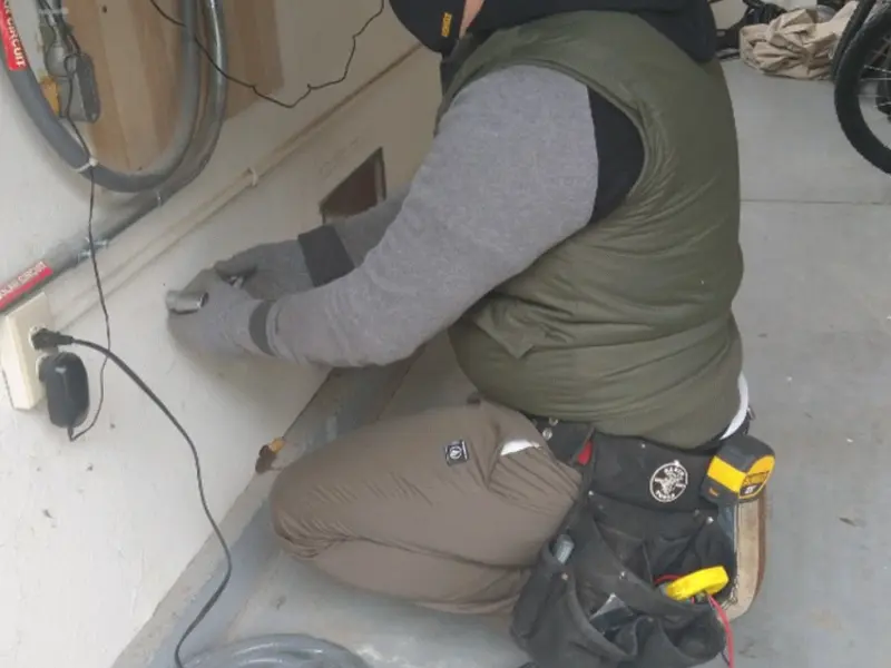 Electrician performing outlet wiring in a Okauchee Lake garage